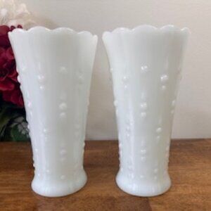 Pair of Vintage Hobnail Milk Glass Vases – Mid-Century Scalloped‎ Rim Design